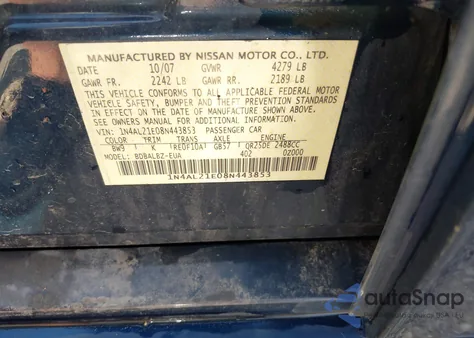 2008 Nissan Altima 2.5 S z USA, uszkodzony, nr VIN 1N4AL21E08N443853